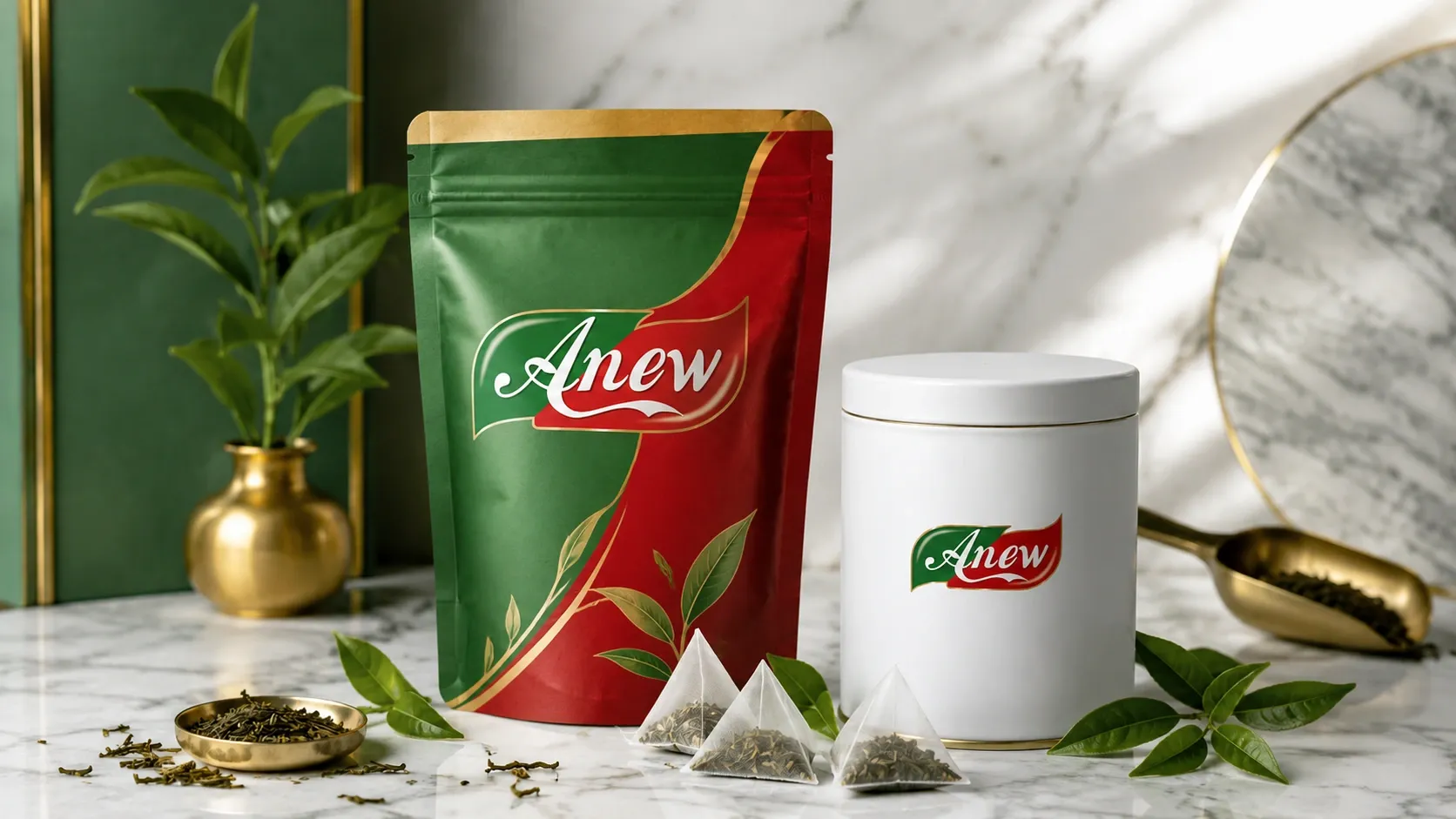 Premium loose-leaf Ceylon black tea spilling from a sack beside tea bags and a brass scoop